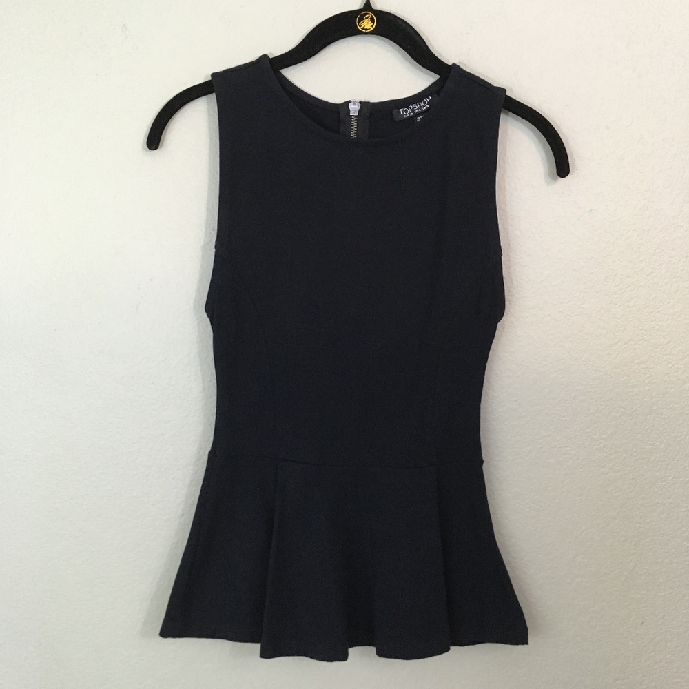 TOPSHOP Black Peplum Zipper Back Sleeveless Top, 4